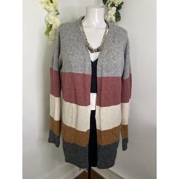 Pinque Womens Cardigan Sweater Long Sleeve Open Front Striped Pockets Size Small - Picture 1 of 16